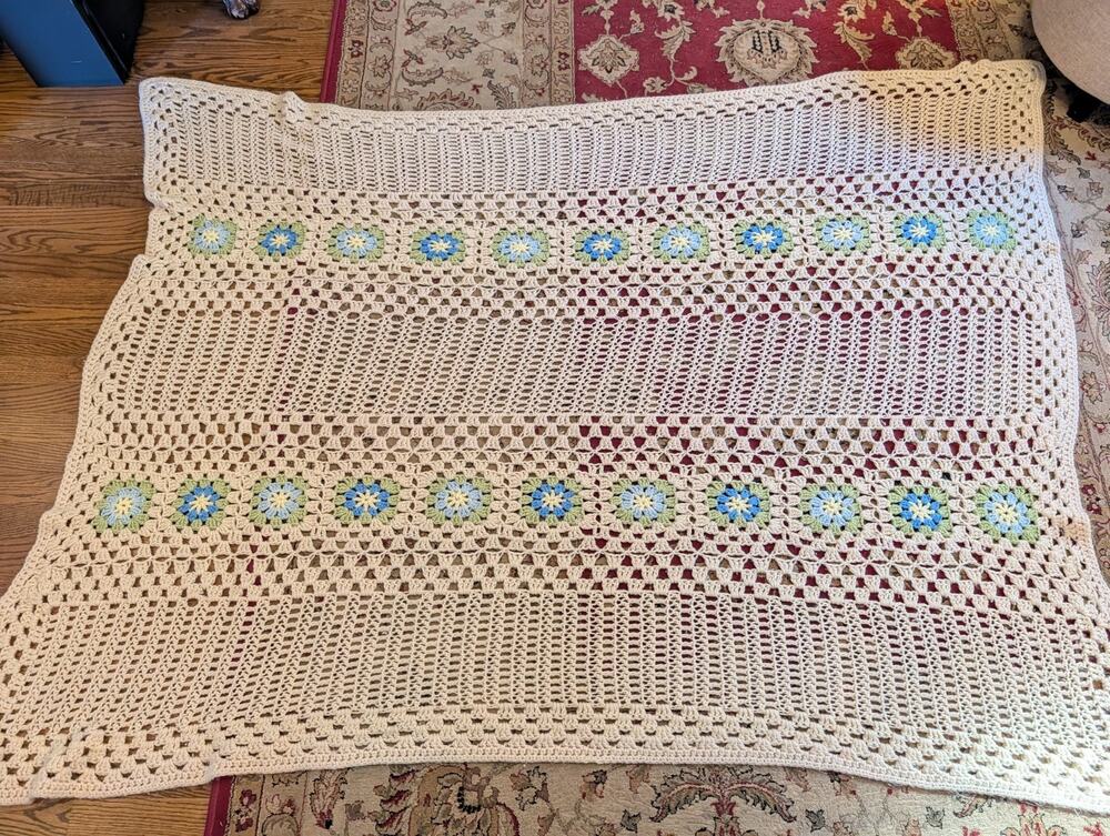 Afghan Handmade Blanket Sofa Throw Blue Floral Cream